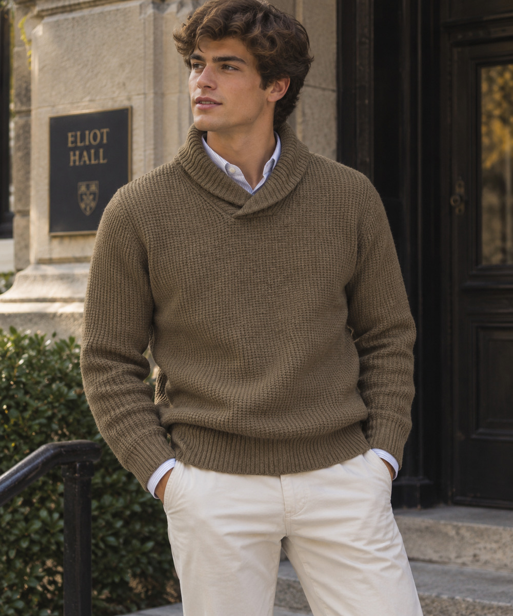 Mens J Crew Lambswool Blend Brown Shawl Collar Sweater Preppy M (actual Small)